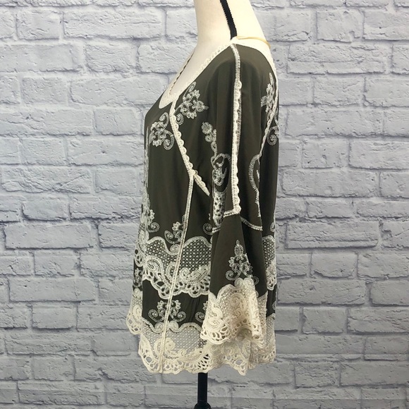 Democracy Embroidered Crochet Top in Olive Green - Picture 3 of 16